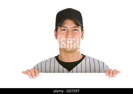 Isoliert auf weiße Serie von zwei Männern in Baseball Uniformen, in verschiedenen Posen mit Requisiten. Stockfoto