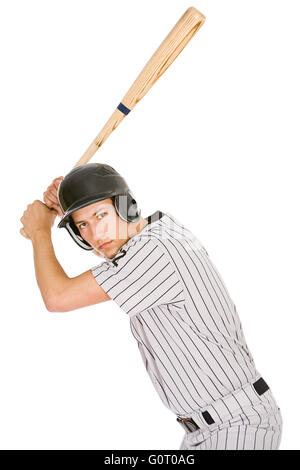 Isoliert auf weiße Serie von zwei Männern in Baseball Uniformen, in verschiedenen Posen mit Requisiten. Stockfoto