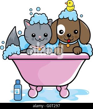 Hund und Katze in einer Badewanne und nehmen ein Schaumbad. Cartoon-Welpen und Kätzchen-Haustiere im Friseursalon. Vektorabbildung Stock Vektor