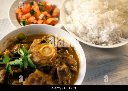 Traditionelle indische Lamm-Curry mit Reis und Salat Stockfoto