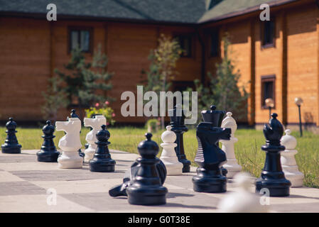 großen Schach auf einem Hintergrund von hölzernen Haus und Grass Feld Stockfoto