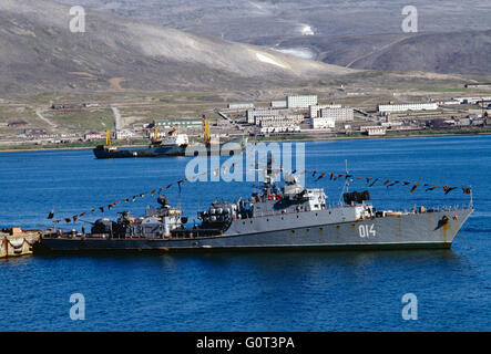 Sowjetische Marine Militär Schiff; Provideniya Stadthafen; Magadan Region; Sibirien; Russischen Föderation; ehemaligen Sowjetunion UdSSR Stockfoto