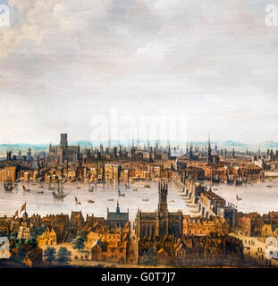 London von Southwark, c.1630. Old London Bridge ist im rechten Vordergrund und alten St Pauls Cathedral auf die Skyline auf der linken Seite. Dies ist einer der wenigen verbleibenden Bilder zeigt die Stadt vor dem Großbrand. Öl auf Holz, Holländische Schule nicht signiert und datiert. Stockfoto