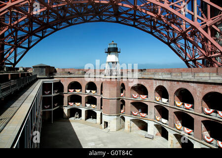 Golden Gate Bridge überspannen Lichtbögen über Leuchtturm, Fort Point National Historic Site, San Francisco, Kalifornien, USA Stockfoto