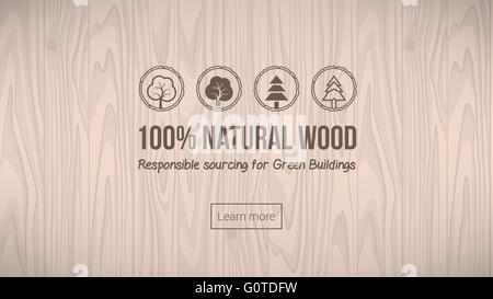 Natural wood banner with textured background and icons set Stock Vektor