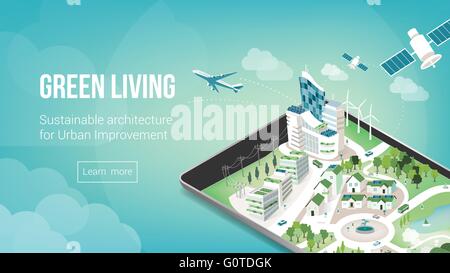 Grüne Stadt und nachhaltige Architektur Banner mit 3d Metropole auf einem Touch-Screen-Tablet oder Smartphone Stock Vektor