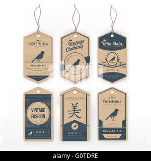 Karton Vintagekleidung Tags eingestellt Wuth, ein Tier und text Stock Vektor