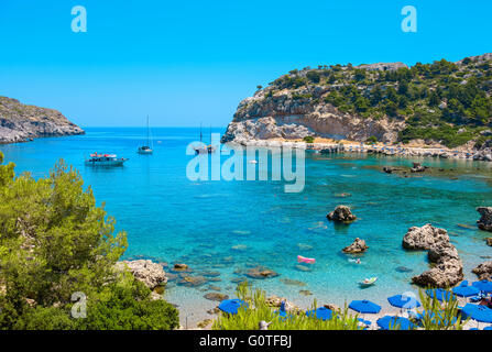 Ansicht der Ladiko Anthony Quinn Bay. Rhodos, Dodekanes, Griechenland, Europa Stockfoto