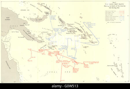 Region Südwest-Pazifik: Schlacht im Korallenmeer 5.-9. Mai 1942, 1956 Vintage Karte Stockfoto