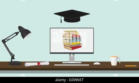Online-Ausbildung Dipl. Kappe mit Laptop Notebook und Buch-stack Stock Vektor