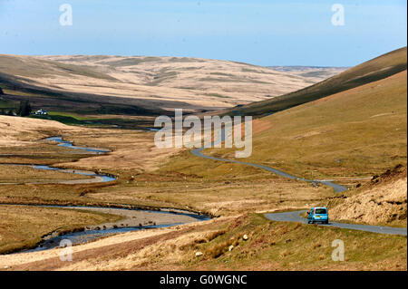 Elan-Tal, Powys, Wales, UK. 5. Mai 2016. Eine Autofahrer fährt auf der Bergstrasse in die Elan-Tal zwischen Rhayader und Aberystwyth. Nach einer Nacht mit Frost an Orten ist der Tag schön und sonnig in Powys, Mid Wales. Bildnachweis: Graham M. Lawrence/Alamy Live-Nachrichten. Stockfoto