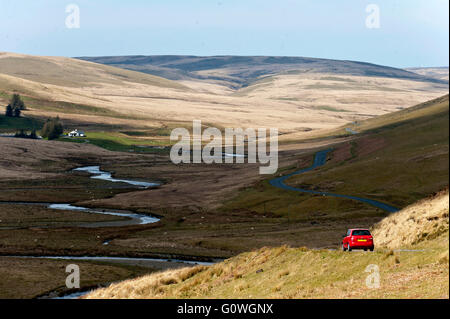 Elan-Tal, Powys, Wales, UK. 5. Mai 2016. Eine Autofahrer fährt auf der Bergstrasse in die Elan-Tal zwischen Rhayader und Aberystwyth. Nach einer Nacht mit Frost an Orten ist der Tag schön und sonnig in Powys, Mid Wales. Bildnachweis: Graham M. Lawrence/Alamy Live-Nachrichten. Stockfoto