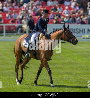 Badminton House, Badminton, UK. 5. Mai 2016. Mitsubishi Motors Badminton Horse Trials. Zweiter Tag. Michael Jung (GER) Reiten ‘La Biosthetique - Sam FBW "amtierende Olympia Champion Kombination; 2015 Burghley Meister und drei Mal Europameister pats sein Pferd nach Abschluss des Dressur Bestandteils der Mitsubishi Motors Badminton Horse Trials. Bildnachweis: Aktion Plus Sport/Alamy Live-Nachrichten Stockfoto