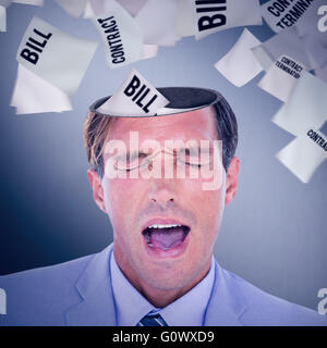 Zusammengesetztes Bild von gestressten Geschäftsmann bekommen Kopfschmerzen Stockfoto