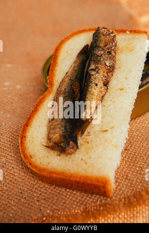 Öffnen Sie kann und Sandwich mit Sprotten auf Sackleinen Hintergrund Stockfoto