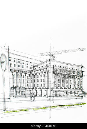 öffentliche Halle/Universität, Postamt in der Stadt und ein Kran im Vordergrund alle gezeichneten in Holzkohle Stockfoto