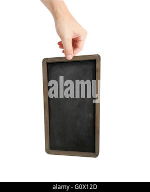 Person, die ein leeres Blatt von blackboard Stockfoto