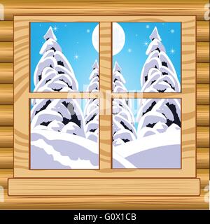 Die schöne Aussicht vom Fenster auf Winter Holz. Vektor-illustration Stock Vektor