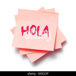 Hola auf eine Notiz geschrieben Stockfoto