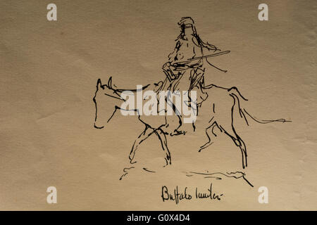 Ogdensburg, New York Frederic Remington Museum. Vintage Feder und Tinte Skizze von Buffalo Hunter.Editorial Use Only. Stockfoto