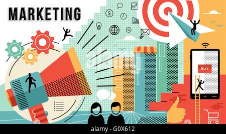 Online-marketing-Geschäft Illustration mit modernen Designs in flache Linie Kunststil zeigt, wie man Arbeitsziele zu erreichen. EPS10 Stock Vektor