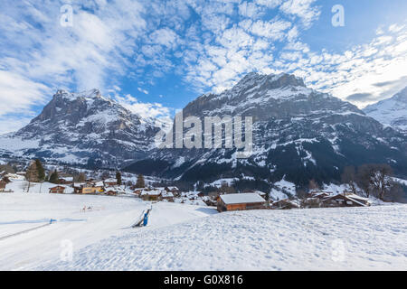 Wetterhorn und Schreck-von Grindelwald im Winter, Schweizer Alpen, Schweiz Stockfoto