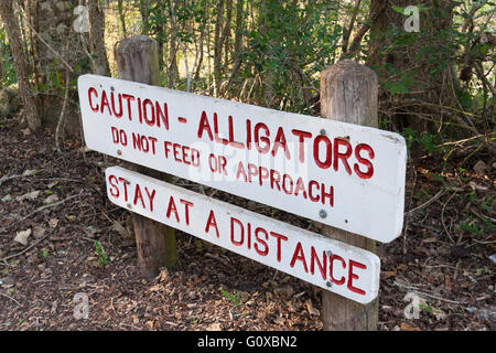 Vorsicht Schild Warnung vor Alligatoren im Brazos Bend State Park in der Nähe von Houston, Texas Stockfoto