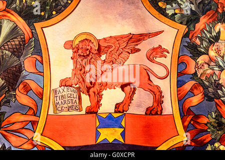 Banner, darstellt die geflügelten Löwen der Republik San Marco, Venedig, Italien. Stockfoto
