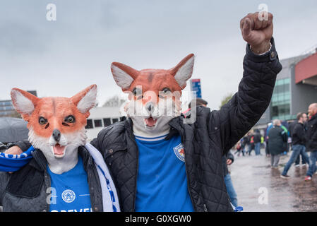 Leicester City Football Fans Füchse Masken tragen. Stockfoto