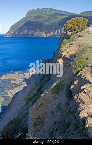 Fossil Cliffs und Bischof und Schreiber Berggipfel auf Maria Island Stockfoto