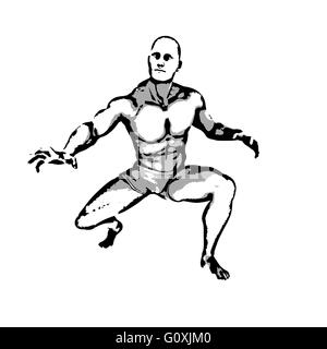 Comic-Buch-Held-Pose in Skizze Tinte Abbildung Stockfoto