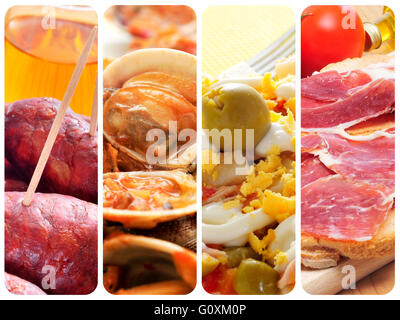 eine Collage aus vier Bilder von verschiedenen spanischen Tapas und Gerichte wie Chorizos, Almejas, gefüllten Eiern und Schinken Stockfoto