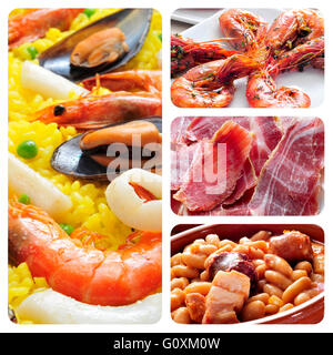 eine Collage aus vier Bilder von verschiedenen spanischen Tapas und Gerichte wie Paella, Jamon oder fabada Stockfoto