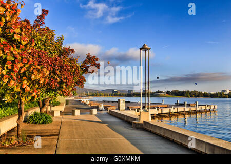 Waterfront Promenade Herbst Folsäurespiegel Bäume in roten und gelben Farben an einem warmen sonnigen Vormittagen im Stadtzentrum von Canberra Stockfoto