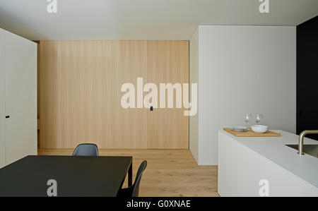 Weiß, offene geplante, Küche und Essbereich mit modernen Möbeln und Features mit Kochinsel mit Spüle. Stockfoto