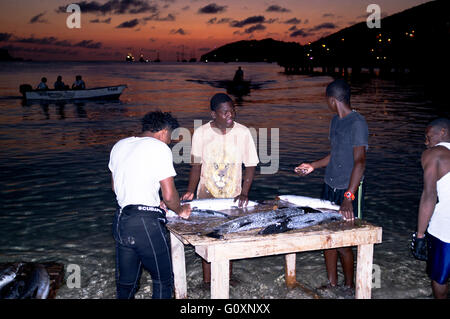 Dh Bequia island St. Vincent KARIBIK Landung Fisch Fischer ausnehmen schneiden Tage Fang Sonnenuntergang Admiralty Bay Strand Stockfoto