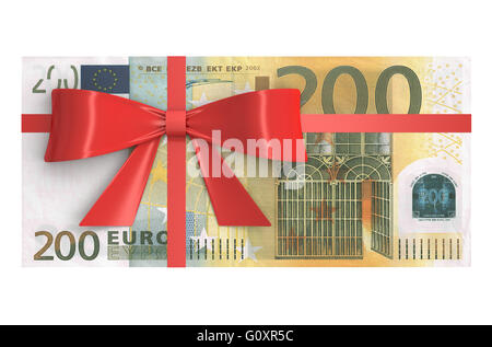 Bündel von 200 Euro-Banknoten mit roter Schleife, Geschenk-Konzept. 3D-Rendering Stockfoto