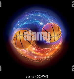 Basketball Ball in Flammen und Leuchten auf schwarzem Hintergrund. Vektor-Illustration. Stock Vektor