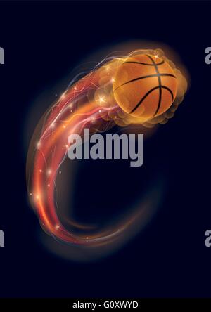 Basketball Ball in Flammen und Leuchten auf schwarzem Hintergrund. Vektor-Illustration. Stock Vektor