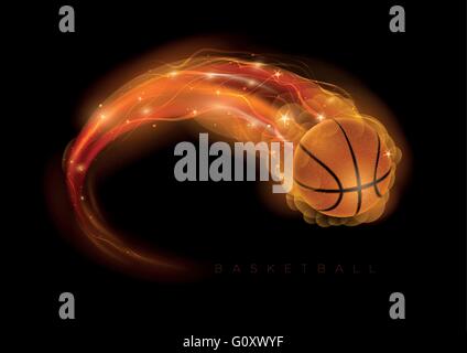 Basketball Ball in Flammen und Leuchten auf schwarzem Hintergrund. Vektor-Illustration. Stock Vektor