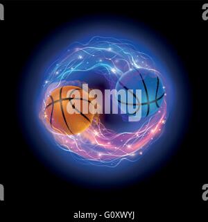 Basketball Ball in Flammen und Leuchten auf schwarzem Hintergrund. Vektor-Illustration. Stock Vektor