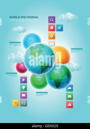 Vektor-Polygon Welt Kugeln mit bunten Kugeln und lange Schatten Symbole. Infografik-Design-Vorlage. Elemente sind geschichtete sepa Stock Vektor