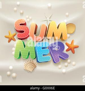 3D im Sommer auf Sand mit Seestern und Muschel Perlen Beacn. Elemente werden separat in Vektordatei geschichtet. Stock Vektor