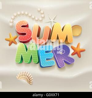 Sommer-3D-Text auf Sand Design-Vorlage. Elemente werden separat in Vektordatei geschichtet. Stock Vektor