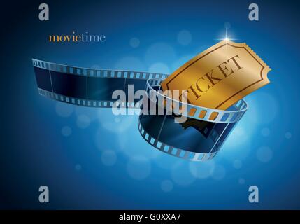Kamera-Filmstreifen und gold Ticket auf blauem Hintergrund defocus. Vektor-Illustration. Stock Vektor