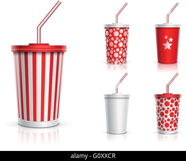 Einweg-Becher für Getränke mit Stroh-Kollektion. Vektor-Illustration. Stock Vektor