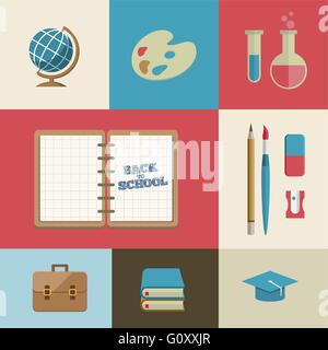 Vektor flache Bildung und Schule-Versorgungsmaterialien-Icon-Set. Stock Vektor