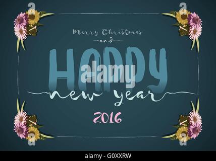 Weihnachten und frohes neues Jahr-Message-Board mit bunten Vintage hand gezeichnete Blumen. Stock Vektor