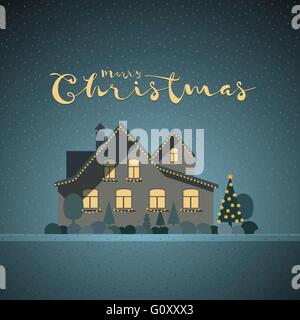 Flache Vektorgrafik von Winterhaus in der Weihnachtszeit. Elemente werden separat in Vektordatei geschichtet. Einfach bearbeitet werden. Stock Vektor