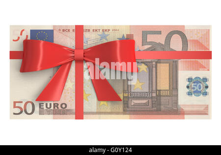 Bündel von 50 Euro-Banknoten mit roter Schleife, Geschenk-Konzept. 3D-Rendering Stockfoto